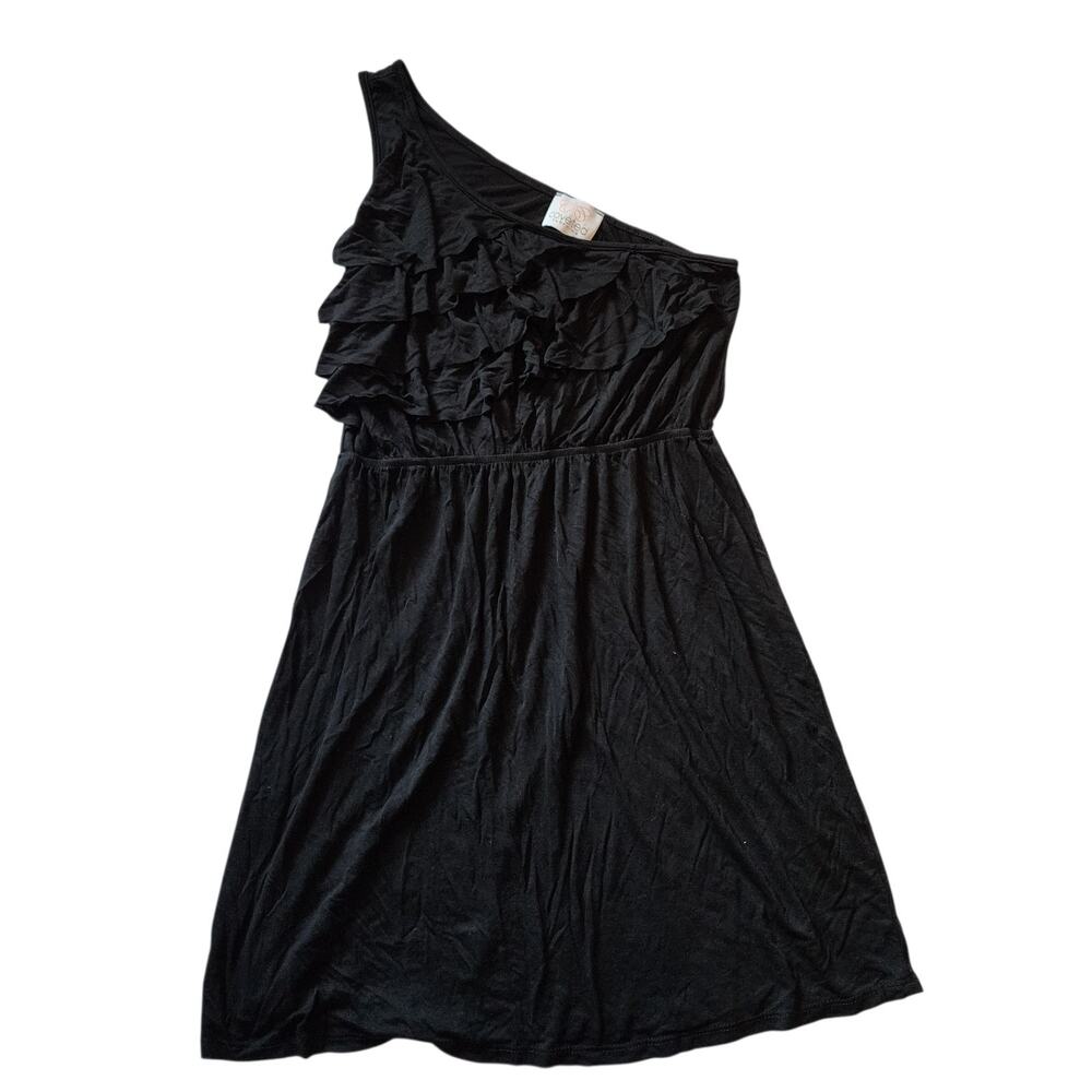 Coveted Womens Mini Dress Tunic Size L Black One Shoulder Sleeveless Ruffle
